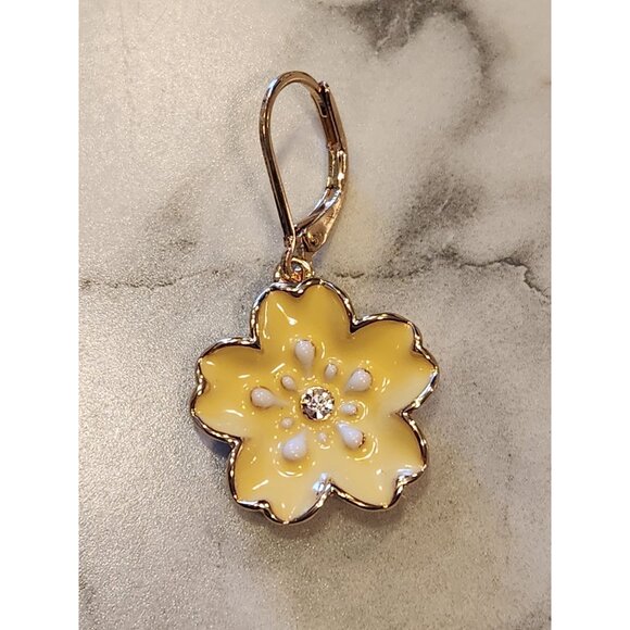 Napier Yellow Flower Leverback Earrings With Rhinestone Accents - Picture 4 of 5